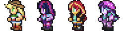 Size: 288x72 | Tagged: safe, applejack, starlight glimmer, sunset shimmer, twilight sparkle, equestria girls, g4, animated, counterparts, female, final fantasy, final fantasy record keeper, gif, magical trio, pixel art, simple background, transparent background, twilight's counterparts