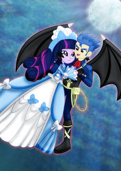 Size: 1600x2263 | Tagged: safe, artist:jucamovi1992, flash sentry, twilight sparkle, vampire, equestria girls, g4, bat wings, blushing, boots, clothes, dress, duo, ear piercing, earring, fangs, female, gloves, gown, jewelry, looking at you, male, moon, piercing, purple eyes, ship:flashlight, shipping, species swap, straight