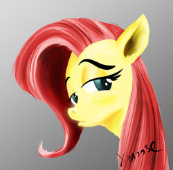 Size: 1024x1006 | Tagged: safe, artist:xmoose, fluttershy, g4, bust, female, gradient background, lidded eyes, looking at you, looking down, looking sideways, portrait, solo