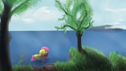 Size: 1280x720 | Tagged: safe, artist:skyresonance, fluttershy, g4, female, floppy ears, folded wings, lake, looking away, looking up, pegaduck, profile, scenery, smiling, solo, swimming, tree, water