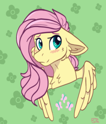 Size: 1200x1400 | Tagged: safe, artist:sharkpupking, fluttershy, g4, blushing, bust, cheek fluff, chest fluff, female, floppy ears, looking away, looking sideways, looking up, portrait, smiling, solo