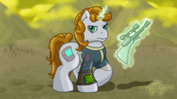 Size: 1920x1080 | Tagged: safe, artist:anscathmarcach, oc, oc only, oc:littlepip, pony, unicorn, fallout equestria, g3, g4, clothes, commission, fanfic, fanfic art, female, g4 to g3, generation leap, glowing horn, gun, handgun, horn, jumpsuit, little macintosh, magic, mare, pipbuck, revolver, solo, telekinesis, vault suit, weapon