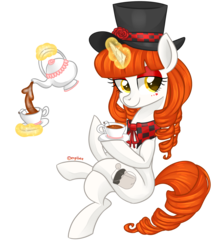 Size: 3500x4000 | Tagged: safe, artist:kaikururu, oc, oc only, pony, unicorn, cup, female, food, glowing horn, hat, horn, magic, mare, simple background, solo, tea, teacup, telekinesis, top hat, transparent background