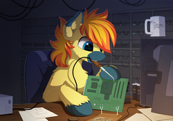 Size: 1930x1354 | Tagged: safe, artist:yakovlev-vad, oc, oc only, oc:yaktan, earth pony, pony, chair, circuit board, colored sketch, cup, desk, male, mouth hold, paper, patreon reward, sitting, smiling, soldering, soldering iron, solo, stallion, tools