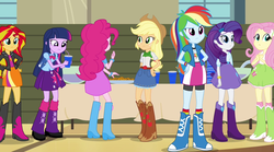 Size: 1280x714 | Tagged: safe, artist:sweetcake111, screencap, applejack, fluttershy, pinkie pie, rainbow dash, rarity, sunset shimmer, twilight sparkle, equestria girls, g4, my little pony equestria girls: rainbow rocks, backpack, boots, bowtie, bracelet, clothes, cookie, cowboy boots, cowboy hat, cup, denim skirt, female, hat, high heel boots, humans doing horse things, jacket, jewelry, leather jacket, leg warmers, mane six, punch (drink), punch bowl, rainbow socks, rear view, skirt, socks, stetson, striped socks, table