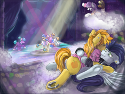 Size: 1854x1400 | Tagged: safe, artist:redheadfly, braeburn, sapphire shores, soarin', pony, g4, cheering, clothes, commission, concert, cuddling, eyes closed, female, gay, horseshoes, male, mare, open mouth, ship:soarburn, shipping, singing, smiling, snuggling, spotlight, stallion, underhoof