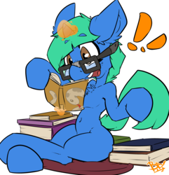 Size: 2604x2704 | Tagged: safe, artist:bbsartboutique, oc, oc only, oc:mint petal, pony, unicorn, belly button, book, female, filly, freckles, glasses, high res, magic, solo