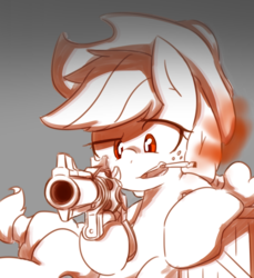 Size: 2176x2376 | Tagged: safe, artist:akainu_pony, applejack, earth pony, pony, g4, alternate eye color, applejack's hat, cigarette, cowboy hat, crate, female, gray background, gun, handgun, hat, high res, hooves, limited palette, mare, open mouth, revolver, simple background, smoke, smoking, solo, teeth, weapon, who needs trigger fingers