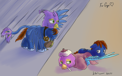 Size: 4724x2952 | Tagged: safe, artist:theandymac, oc, oc only, oc:gyro feather, oc:gyro tech, oc:seaward skies, griffon, pegasus, pony, backwards thermometer, caring for the sick, cold pack, comic, gay, goggles, griffonized, gyward, high res, hug, male, preening, rain, shipping, sick, species swap, thermometer, winghug
