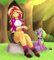 Size: 923x1011 | Tagged: dead source, safe, artist:fizzy-dog, spike, spike the regular dog, sunset shimmer, dog, equestria girls, g4, my little pony equestria girls: legend of everfree, clothes, crepuscular rays, cute, duo, female, flower, forest, hand on leg, legs, male, paw pads, rock, shimmerbetes, shoes, shorts, sitting, socks, spikabetes, tongue out, tree