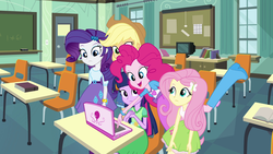Size: 1920x1080 | Tagged: safe, applejack, fluttershy, pinkie pie, rarity, twilight sparkle, equestria girls, g4, my little pony equestria girls, book, boot, bracelet, chalkboard, classroom, computer, door, happy, incomplete twilight strong, jewelry, laptop computer, pinkie pie laptop, raised leg, table