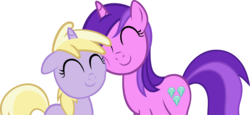 Size: 4134x1904 | Tagged: safe, artist:ironm17, amethyst star, dinky hooves, sparkler, pony, unicorn, g4, ^^, awwmethyst star, cute, daaaaaaaaaaaw, dinkabetes, duo, eyes closed, female, filly, mare, simple background, sisterly sparkler, sisters, snuggling, transparent background, vector