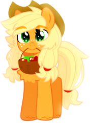 Size: 1507x2131 | Tagged: safe, artist:kotoink, applejack, earth pony, pony, g4, apple, basket, chest fluff, cute, double mane, female, food, jackabetes, mouth hold, simple background, solo, transparent background