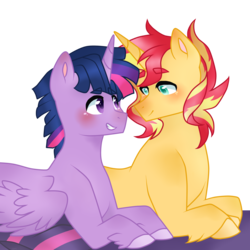 Size: 2000x2000 | Tagged: safe, artist:pandemiamichi, sunset shimmer, twilight sparkle, alicorn, pony, unicorn, equestria girls, g4, colored pupils, duo, dusk shine, gay, high res, looking at each other, male, prince dusk, prone, rule 63, ship:duskglare, ship:sunsetsparkle, shipping, simple background, sunset glare, transparent background, twilight sparkle (alicorn)