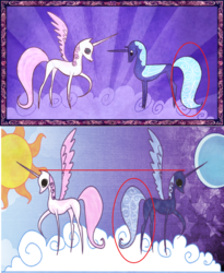 Size: 1280x1560 | Tagged: safe, edit, edited screencap, screencap, princess celestia, princess luna, alicorn, pony, friendship is magic, circled, cloud, duo, female, hooves, horn, insane fan theory, mare, moon, on a cloud, pink-mane celestia, raised hoof, royal sisters, sisters, spread wings, standing on a cloud, storybook, sun, wings