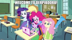 Size: 888x499 | Tagged: safe, applejack, fluttershy, pinkie pie, rarity, twilight sparkle, derpibooru, equestria girls, g4, my little pony equestria girls, book, boot, bracelet, chalkboard, classroom, clothes, cowboy hat, door, hat, image macro, in-universe pegasister, incomplete twilight strong, jewelry, meme, meta, pinkie pie laptop, raised leg, skirt, stetson, welcome to the herd, welcome to the internet