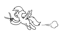 Size: 713x416 | Tagged: safe, artist:zicygomar, part of a set, derpy hooves, pegasus, pony, g4, black and white, female, flying, grayscale, monochrome, running with scissors, scissors, simple background, solo, this will end in tears, this will end in tears and/or death, white background