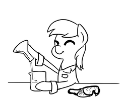 Size: 597x479 | Tagged: safe, artist:zicygomar, part of a set, derpy hooves, pegasus, pony, g4, beaker, black and white, chemistry, erlenmeyer flask, eyes closed, female, flask, goggles, grayscale, monochrome, science, simple background, smiling, solo, this will end in tears, this will end in tears and/or death, white background