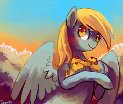Size: 1280x1085 | Tagged: safe, artist:cherivinca, derpy hooves, pegasus, pony, g4, blushing, cloud, female, food, muffin, scrunchy face, sky, solo, wavy mouth