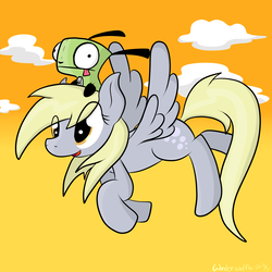 Size: 2800x2800 | Tagged: safe, artist:wonder-waffle, derpy hooves, pegasus, pony, robot, g4, cloud, crossover, duo, flying, gir, high res, invader zim, riding, sky, smiling, tongue out