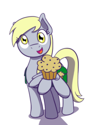 Size: 1280x1707 | Tagged: safe, artist:flutterluv, derpy hooves, pegasus, pony, g4, female, food, looking at you, muffin, saddle bag, simple background, smiling, solo, transparent background