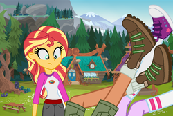 Size: 1024x688 | Tagged: safe, sci-twi, sunset shimmer, timber spruce, twilight sparkle, human, equestria girls, g4, my little pony equestria girls: legend of everfree, boots, camp everfree, camp everfree outfits, clothes, converse, falling, female, legs, male, shipping, shocked, shoes, shorts, sneakers, socks, straight, timbertwi, trace