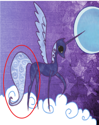 Size: 658x827 | Tagged: safe, edit, edited screencap, screencap, princess luna, alicorn, pony, friendship is magic, book, circled, cloud, cropped, female, hooves, horn, mare, moon, on a cloud, pointy ponies, purple background, raised hoof, simple background, solo, standing on a cloud, storybook, wings