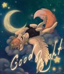 Size: 939x1080 | Tagged: safe, artist:niks-696, oc, oc only, fox, fox pony, hybrid, pegasus, pony, cloud, good night, lying on a cloud, moon, sleeping, solo, stars