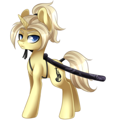 Size: 1871x1990 | Tagged: safe, artist:scarlet-spectrum, oc, oc only, oc:silent flare, pony, unicorn, commission, katana, looking at you, male, ponytail, simple background, solo, stallion, sword, transparent background, weapon