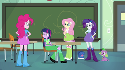 Size: 1920x1080 | Tagged: safe, screencap, fluttershy, pinkie pie, rarity, spike, twilight sparkle, dog, equestria girls, g4, my little pony equestria girls, backpack, boots, bracelet, chair, chalkboard, classroom, clothes, door, hand on hip, high heel boots, incomplete twilight strong, jewelry, leg warmers, shoes, skirt, socks, spike the dog, table