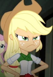 Size: 494x718 | Tagged: safe, screencap, applejack, fluttershy, equestria girls, g4, >:c, angry, applejack is not amused, cropped, female, frown, solo, unamused