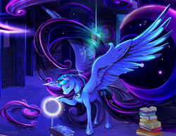 Size: 2200x1700 | Tagged: safe, artist:viwrastupr, princess luna, alicorn, pony, g4, book, female, lidded eyes, magic, night, solo, spread wings