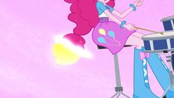 Size: 1280x720 | Tagged: safe, pinkie pie, equestria girls, g4, my little pony equestria girls: rainbow rocks, balloon, better than ever, boots, bracelet, clothes, drum kit, drums, drumsticks, high heel boots, jewelry, musical instrument, ponied up, ponytail, skirt, solo, transformation