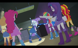 Size: 1600x1000 | Tagged: safe, screencap, pinkie pie, rainbow dash, rarity, spike, sunset shimmer, trixie, dog, equestria girls, g4, my little pony equestria girls: rainbow rocks, bass guitar, boots, bracelet, cape, clothes, compression shorts, cowboy boots, cowboy hat, denim skirt, door, electric guitar, fall formal outfits, guitar, hat, high heel boots, jewelry, keytar, legs, musical instrument, skirt, socks, spike the dog, stetson, trixie's hat