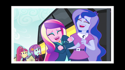 Size: 1280x720 | Tagged: safe, screencap, dean cadance, princess cadance, princess luna, sour sweet, sunny flare, vice principal luna, equestria girls, g4, my little pony equestria girls: friendship games, confused, laughing, linked arms, right there in front of me