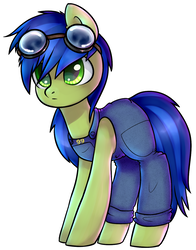 Size: 1087x1384 | Tagged: safe, artist:astralblues, oc, oc only, oc:scotch tape, earth pony, pony, fallout equestria, fallout equestria: project horizons, female, goggles, mare, overalls, simple background, solo, white background
