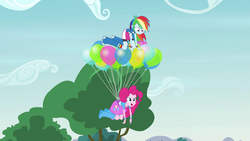 Size: 1280x720 | Tagged: safe, screencap, pinkie pie, rainbow dash, equestria girls, g4, my little pony equestria girls: friendship games, pinkie spy (short), all fours, balloon, boots, bracelet, clothes, cloud, confused, cute, diapinkes, duo, female, floating, frown, high heel boots, jewelry, kneeling, looking down, open mouth, pinkie being pinkie, pinkie physics, skirt, smiling, socks, then watch her balloons lift her up to the sky, tree, wat, wide eyes