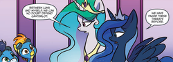 Size: 1600x583 | Tagged: safe, artist:jay fosgitt, idw, official comic, princess celestia, princess luna, soarin', spitfire, alicorn, pegasus, pony, g4, spoiler:comic, spoiler:guardians of harmony, comic, ethereal mane, female, goggles, mare, speech bubble, spread wings