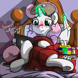 Size: 2000x2000 | Tagged: safe, artist:rainihorn, sweetie belle, pony, unicorn, g4, bed, blushing, cold, computer, female, flu, high res, hot water bottle, medicine, sick, solo, star trek, tablet, tissue, tissue box