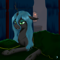 Size: 1000x1000 | Tagged: safe, artist:ruanshi, queen chrysalis, changeling, changeling queen, g4, bed, bedroom eyes, female, morning, morning ponies, solo