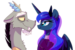 Size: 2480x1677 | Tagged: safe, artist:elementalokami, discord, princess luna, g4, crown, eyeshadow, female, jewelry, lidded eyes, looking at each other, makeup, male, regalia, ship:lunacord, shipping, simple background, smiling, straight, transparent background