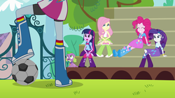 Size: 1920x1080 | Tagged: safe, screencap, fluttershy, pinkie pie, rainbow dash, rarity, spike, twilight sparkle, dog, equestria girls, g4, my little pony equestria girls, balloon, bleachers, boots, bracelet, clothes, football, high heel boots, jewelry, mountain, shorts, smiling, soccer field, socks, spike the dog, tree