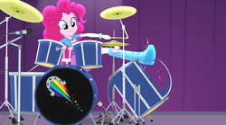 Size: 640x357 | Tagged: safe, screencap, pinkie pie, equestria girls, g4, rainbow rocks, boots, bracelet, cymbals, drum kit, drums, drumsticks, female, hi-hat, high heel boots, jewelry, microphone, musical instrument, solo