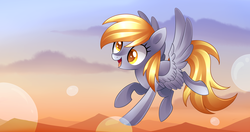 Size: 3199x1687 | Tagged: safe, artist:scarlet-spectrum, derpy hooves, pegasus, pony, g4, cloud, colored pupils, cute, female, flying, open mouth, sky, smiling, solo