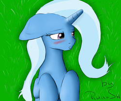Size: 6000x5000 | Tagged: safe, artist:ruanshi, trixie, pony, unicorn, g4, absurd resolution, blushing, female, floppy ears, grass, lidded eyes, on back, open mouth, solo