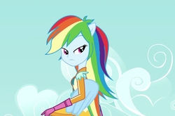 Size: 1333x882 | Tagged: safe, screencap, rainbow dash, equestria girls, g4, my little pony equestria girls: friendship games, female, frown, motocross outfit, ponied up, solo, wings