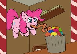 Size: 1000x700 | Tagged: safe, artist:chrisgotjar, pinkie pie, g4, candy, female, food, impossibly long tongue, jumping, long tongue, solo, tongue out