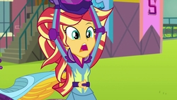 Size: 1920x1080 | Tagged: safe, screencap, sunset shimmer, equestria girls, g4, my little pony equestria girls: friendship games, female, helmet, motorcycle, solo