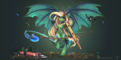 Size: 3464x1732 | Tagged: safe, artist:wilvarin-liadon, oc, oc only, oc:honeymint tea, dracony, hybrid, pony, semi-anthro, a6m zero, aircraft carrier, bipedal, commission, crossbow, female, flutterkaku, kantai collection, large wings, looking at you, mare, open mouth, plane, shipmare, smiling, spread wings, wings