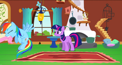 Size: 1360x730 | Tagged: safe, screencap, fluttershy, rainbow dash, twilight sparkle, pony, dragon quest, g4, eyes closed, fluttershy's cottage, fluttershy's cottage (interior), flying, mouth hold, tail pull